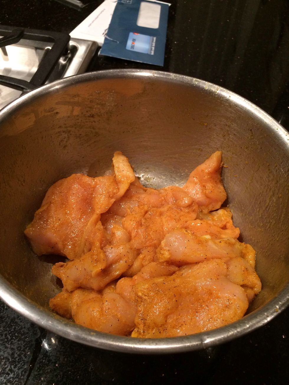 Put in bowl, marinate with salt, pepper, turmeric ,garlic, and four tables spoons olive oil
