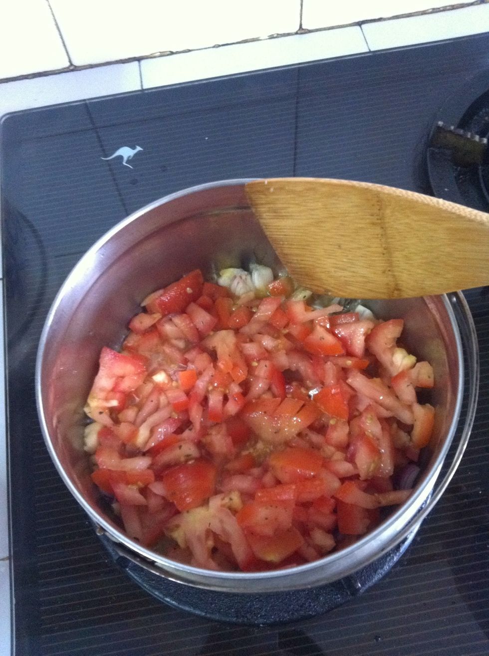 Put in diced tomatoes and fry for a few minute until watt comes out