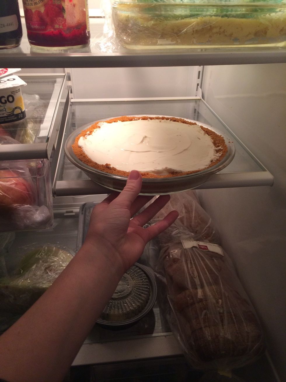 Put in fridge for 2 - 3 hours, or until serving time. Note: take the cake out about 15 minutes prior to serving to put on cherries.