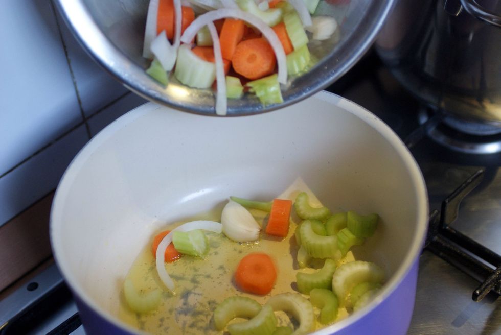 Put in pot with olive oil and start sauteing