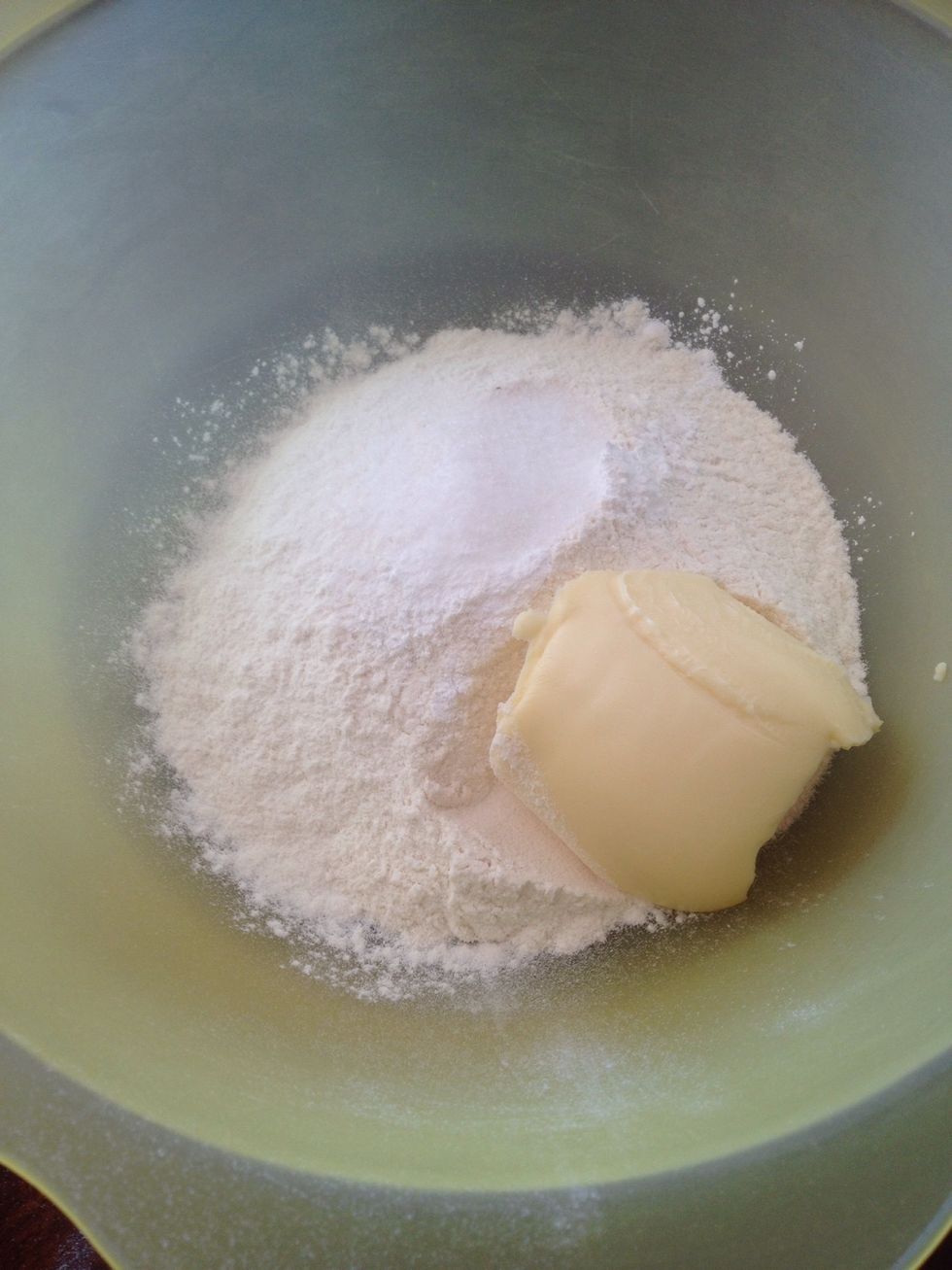 put in the ball flour, butter, baking powder, salt and sugar