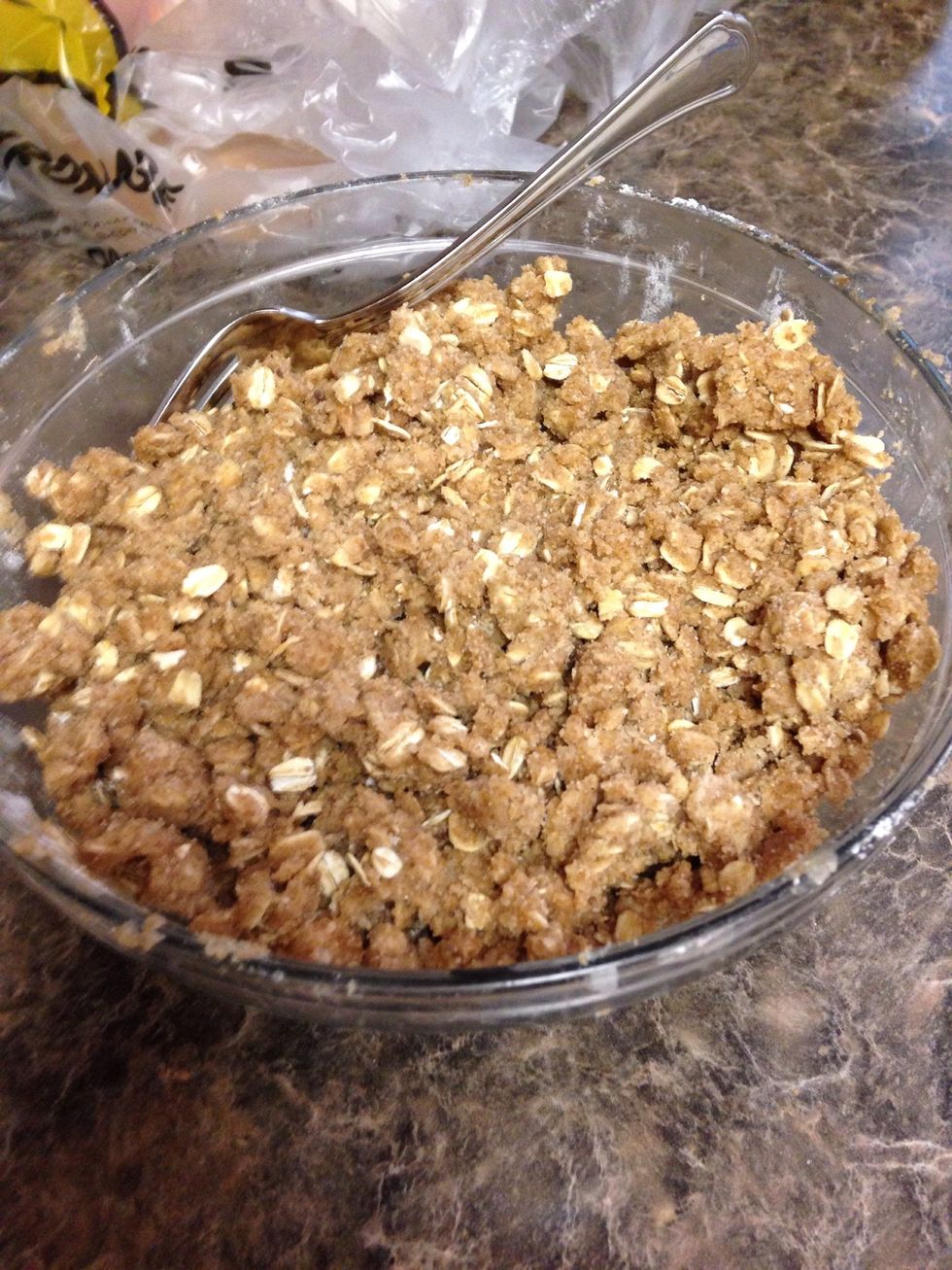 Put in the butter (I'm using Earth's Best Buttery Spread). If you have cold hands like me, use them. Otherwise grab two forks and mash the butter in until you have crumbs and small clumps.