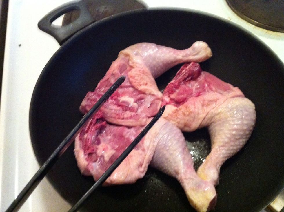 Put in the chicken legs and let them fry 3-5 minutes.