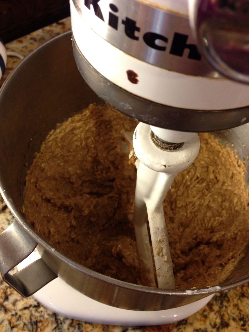 Put in the oats, oat flour, cinnamon, and baking soda! Don't over mix. You can throw in a couple of raisins here too if you desire!