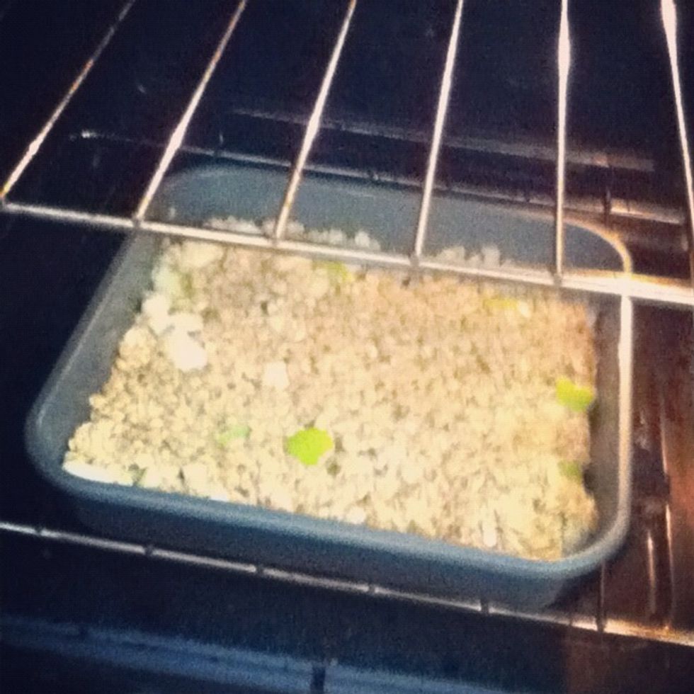 Put in the oven for 15(ish) minutes. This may change depending on how thick your mixture is; it's ready when the EDGES turn golden brown. (If you leave it in too long it'll be rock hard when cooled.)