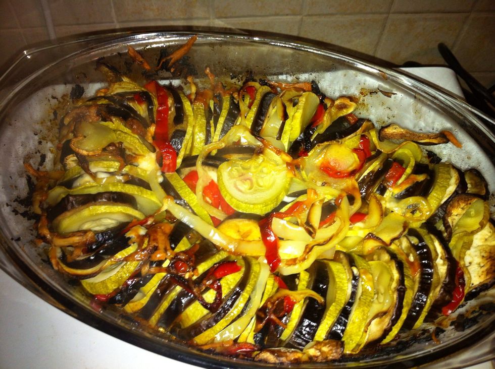 Put in to the oven covered with alu-foil at 250 C, for about 45 min and 15 min uncovered, until it's similar with the photo above.