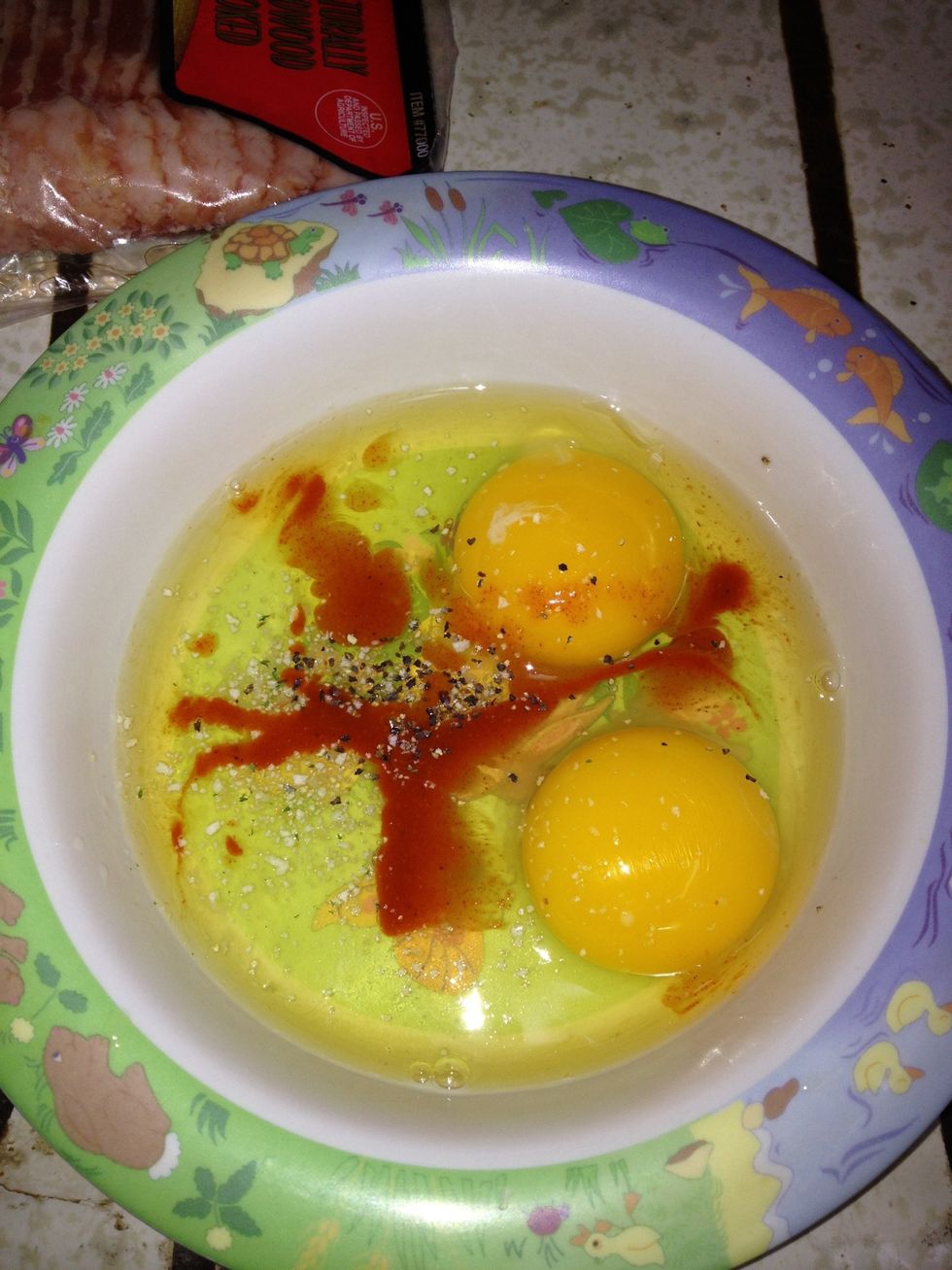 Put ingredients in your bowl I like tapatio in my eggs adds flavor and spice for me!