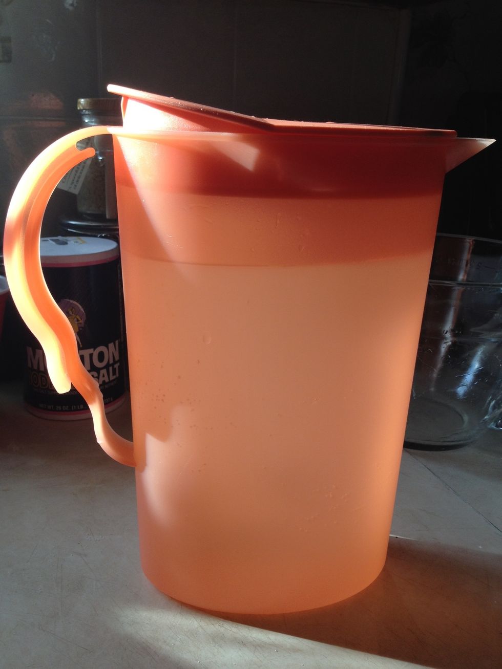 Put into a 2 quart pitcher and store in the fridge. You could also do this whole process in the pitcher. I used a mixing bowl so you could easily see the process. It tastes just like Pedialyte!