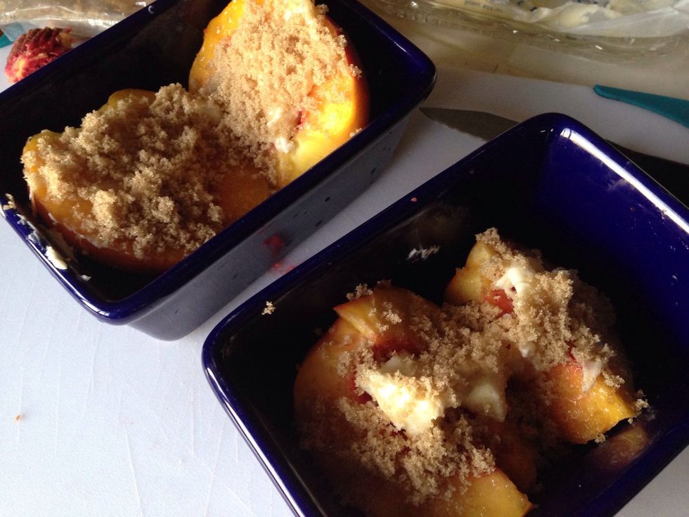 Put into baking dish.. Add butter (about 1/2tsp each half) sprinkle in brown sugar