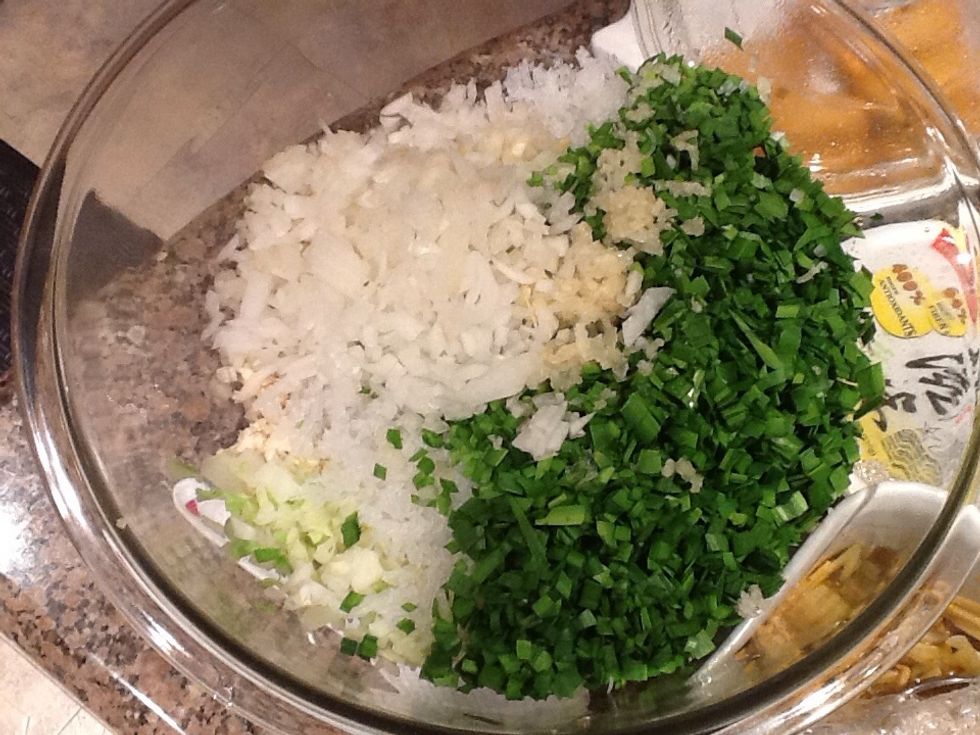 Put it all into a bowl with onion and garlic.