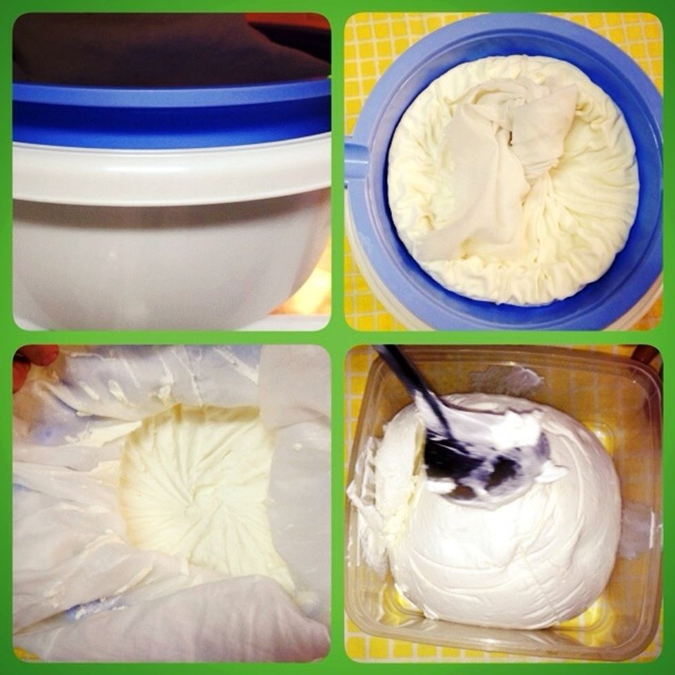 Put it aside from morning to night atleast 8hrs. Yogurt will become thick, and it will become labneh. Remove them from the cloth bag and put it in a bowl with lid.