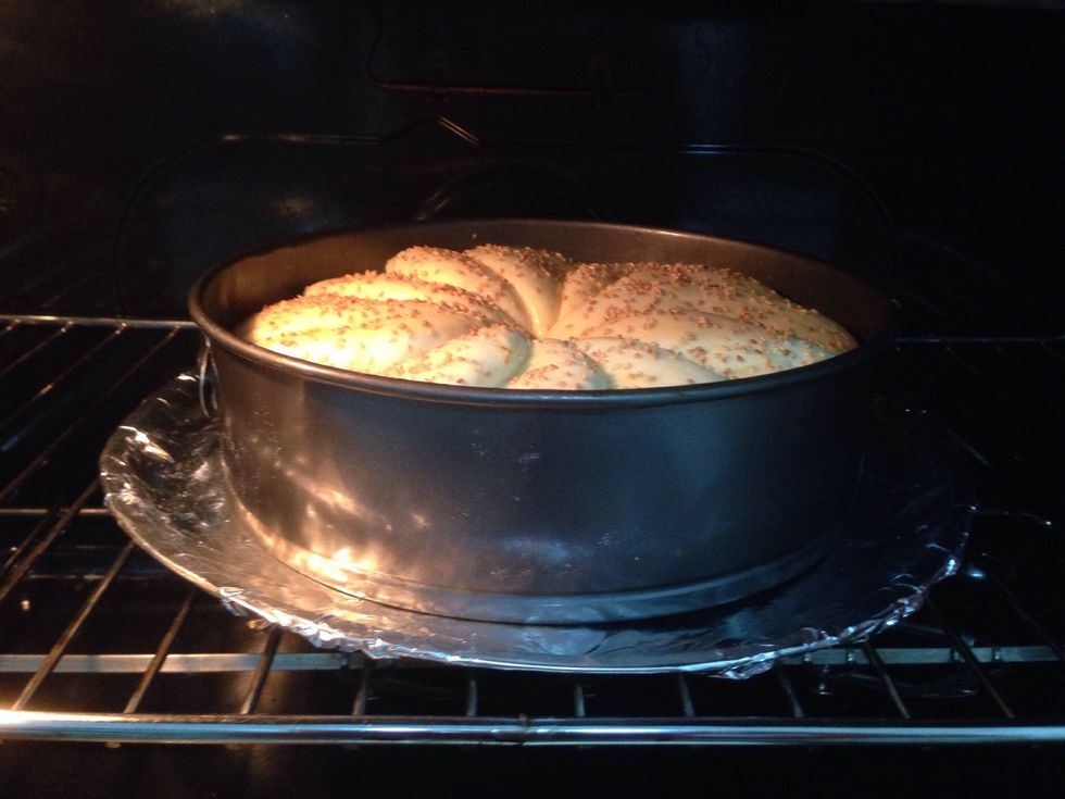 Put it in a medium heat oven at 25-30 min or when it becomes brown .