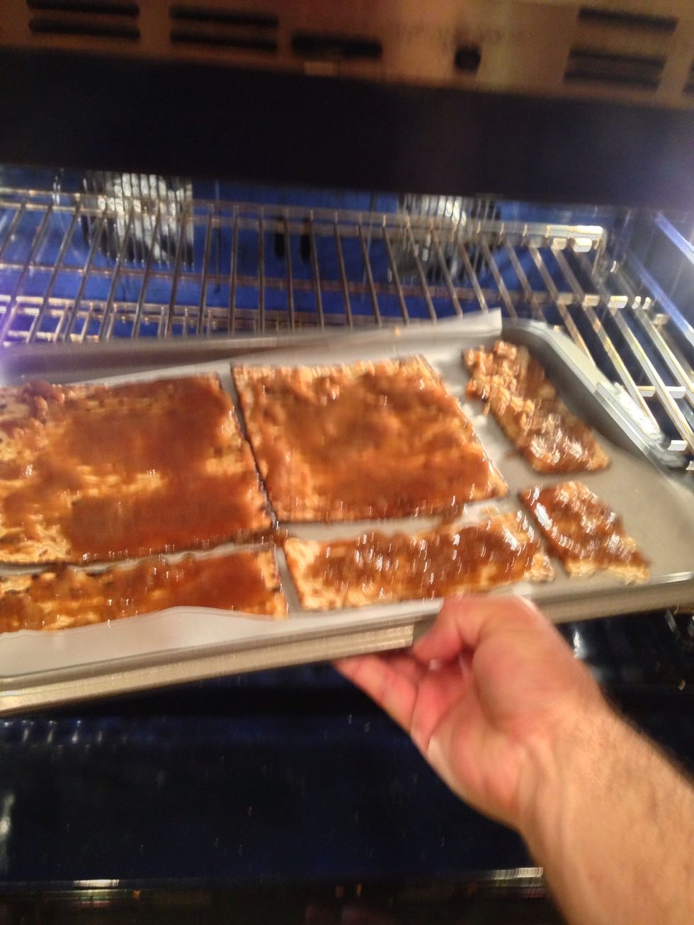 Put it in the oven. 350 F for 15 min. After 10 it will be bubbling. Don't be scared. This is perfect. Wait 5 more minutes and take it out.