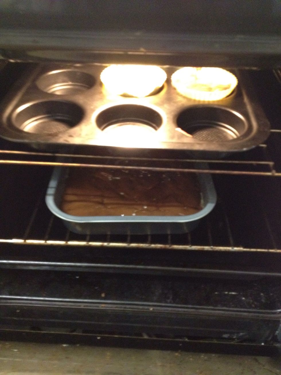 Put it in the oven. A "cake" will take between 35-45 mins usually, depending on the thickness in the pan.