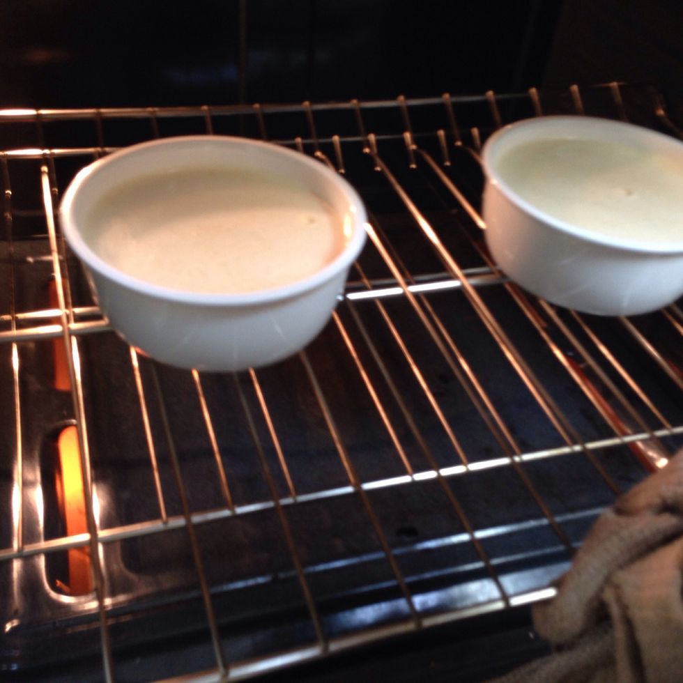 Put it in the oven for 40 minutes, make sure to check on it occasionally to avoid overflow. Stick a knife through it to make sure the inside is done.