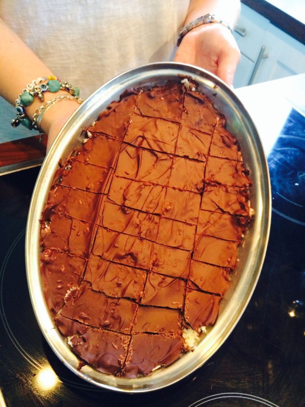 Put it into the freezer for a couple of minutes and then cut it into small pieces \ud83d\ude03