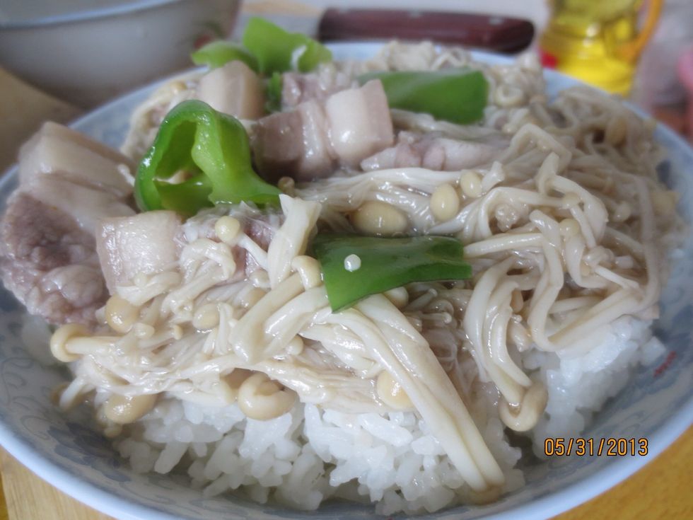 Put it on top of your cooked white rice and enjoy! The sauce should seep into the rice, a perfect, low calorie lunch option!
