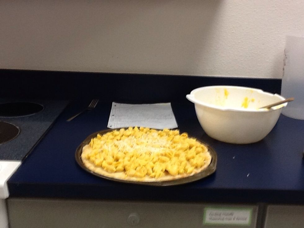 Put Mac n cheese on crust and sprinkle Mozzarella on top