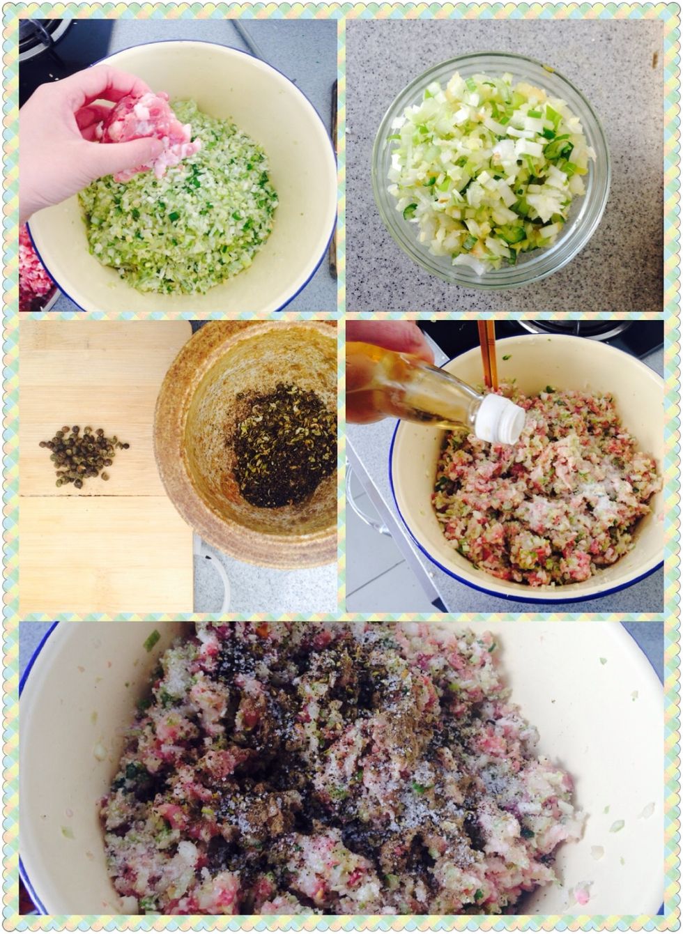 Put minced cabbage in a bowl, and add minced pork, onion, ginger, paprika powder and cooking wine. Then stir up~