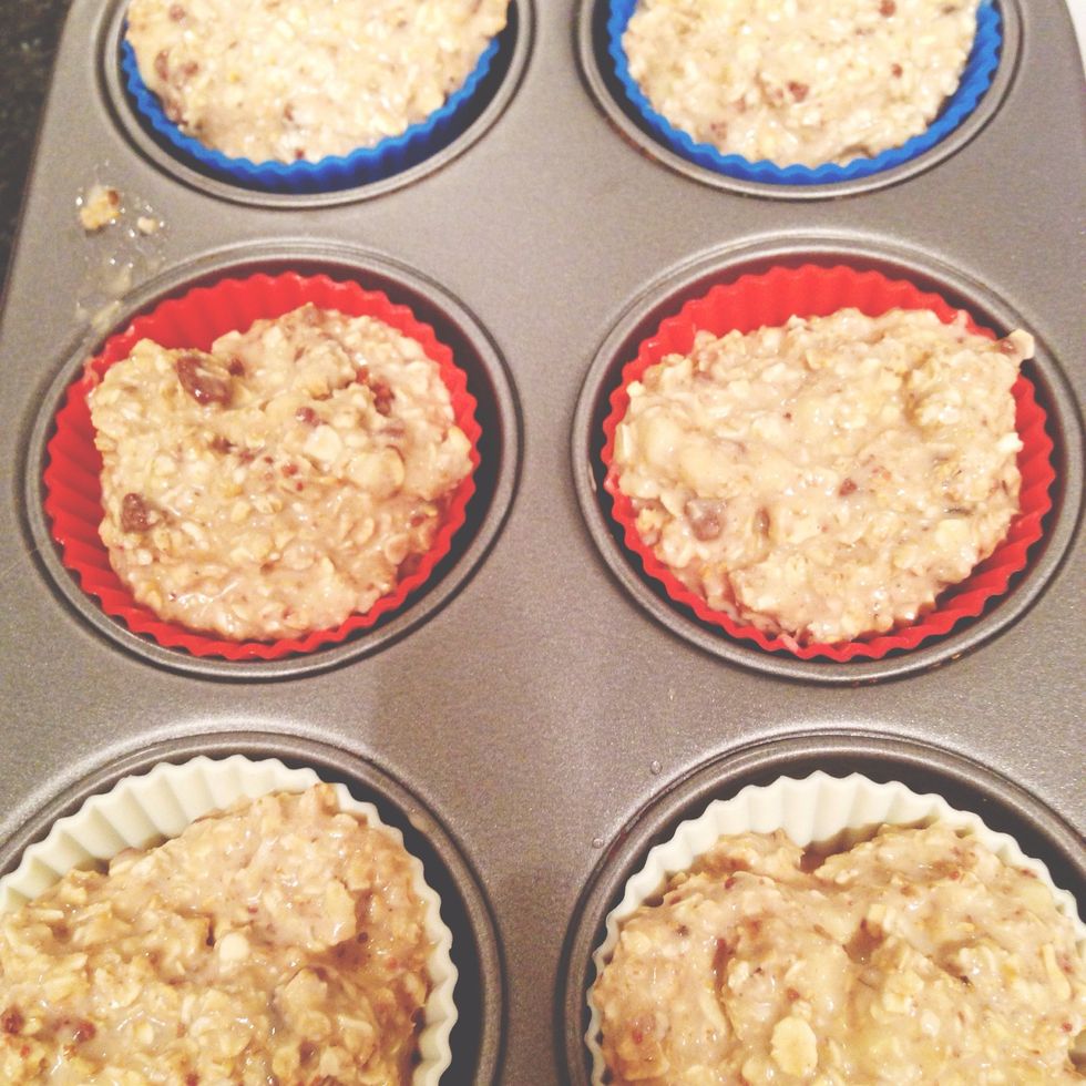 Put mix in muffin cups/tray. (Spray tray with fry light if not using cups)