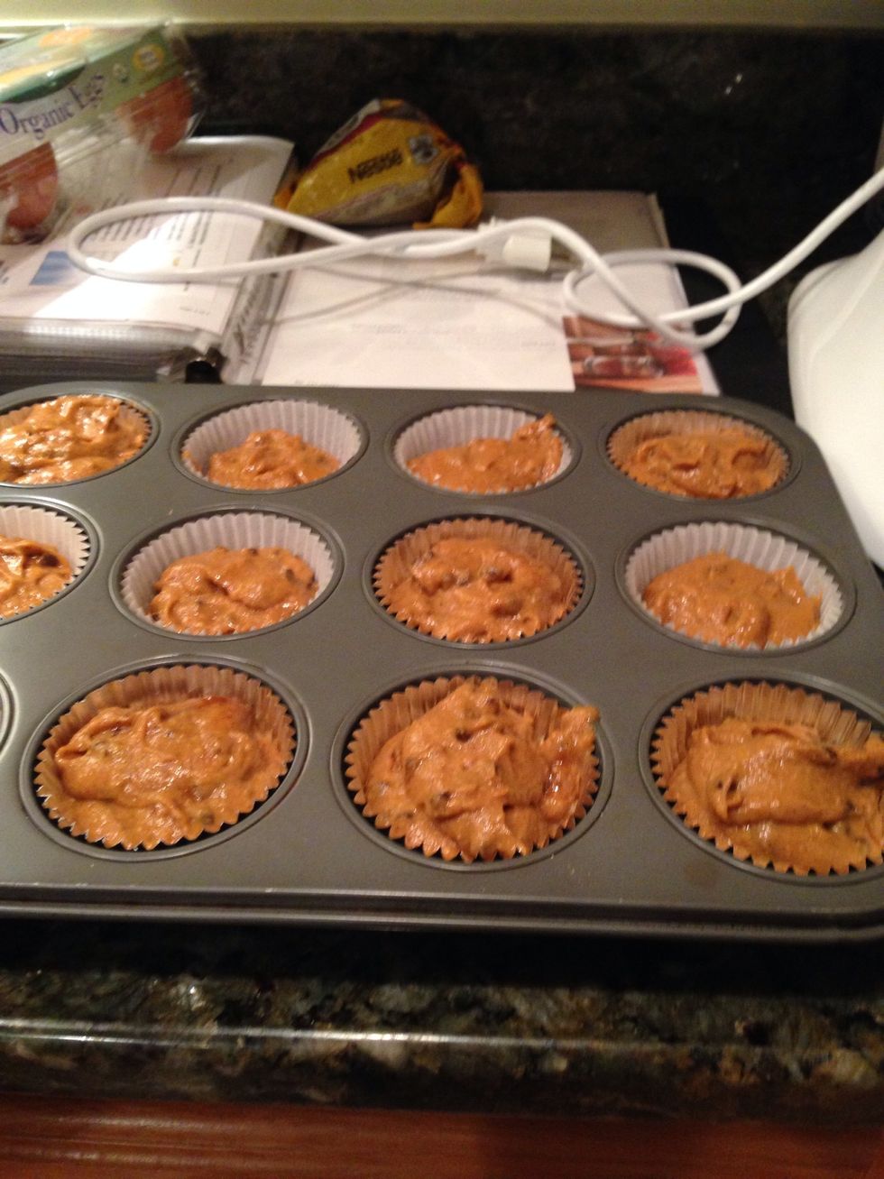 Put mixture into muffin pan using paper wrappers or non-stick spray to prevent the muffins from sticking