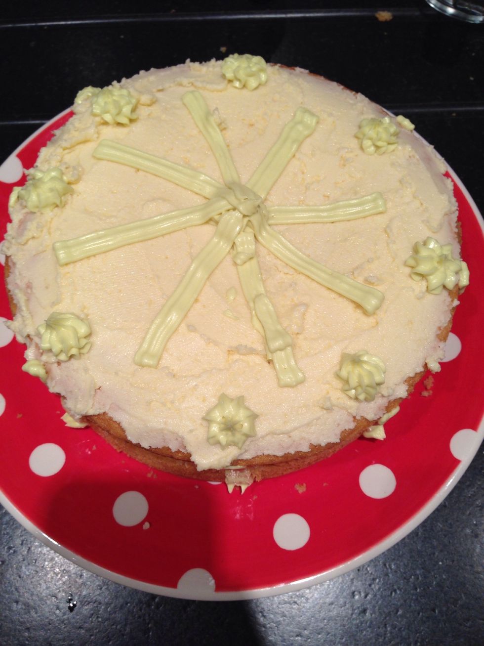 Put more butter icing on the top and then separate the last bit of butter icing into two so it can be coloured