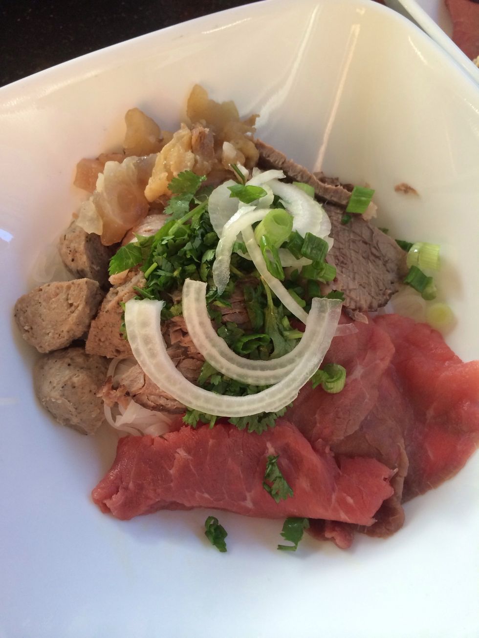 Put noodles, rare steak , tendon, beef brisket, meatballs, onion, green onion and cilantro in a bowl