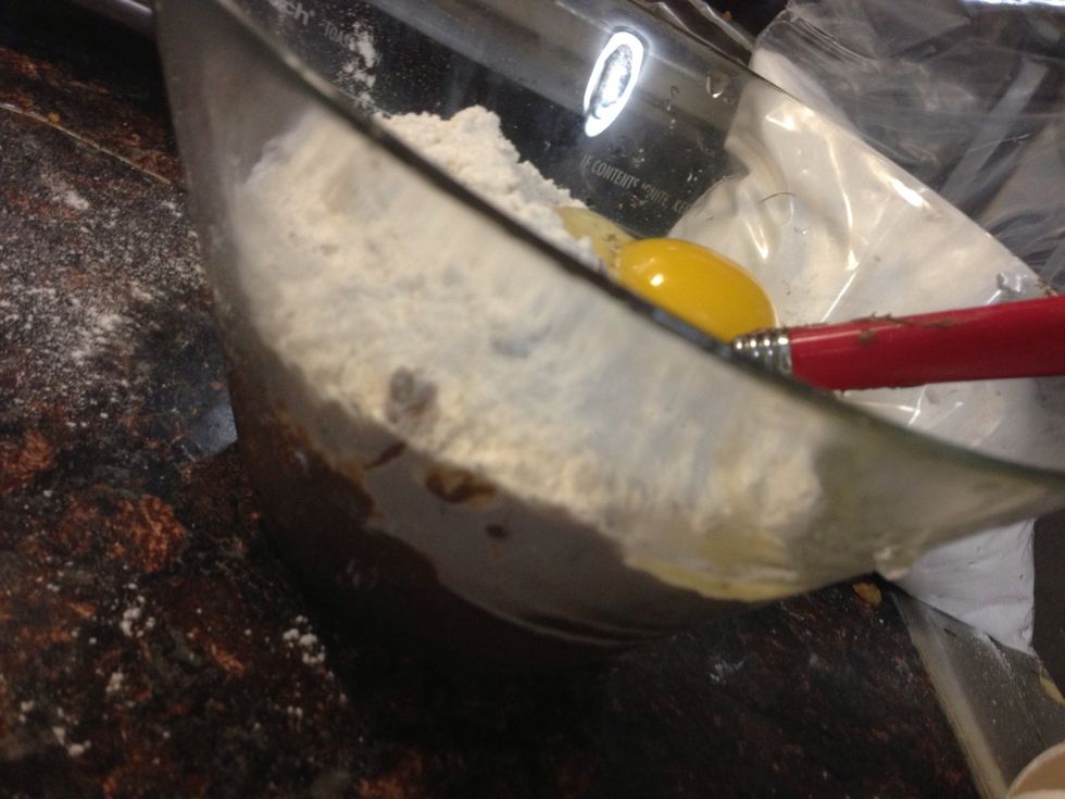 Put Nutella first then the flour and last the egg. Then mix with a fork at first after used your hands to mix the ingredients better its a little messy. So remember to remove any rings you have on.