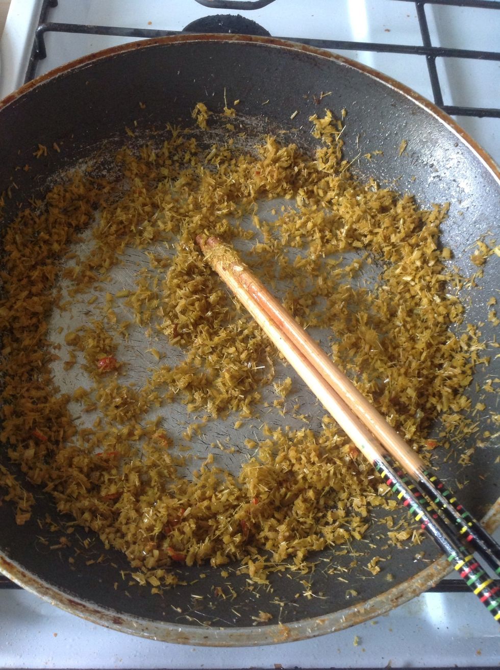 Put oil on pan till it's hot. Stir the mixture till it's smell good