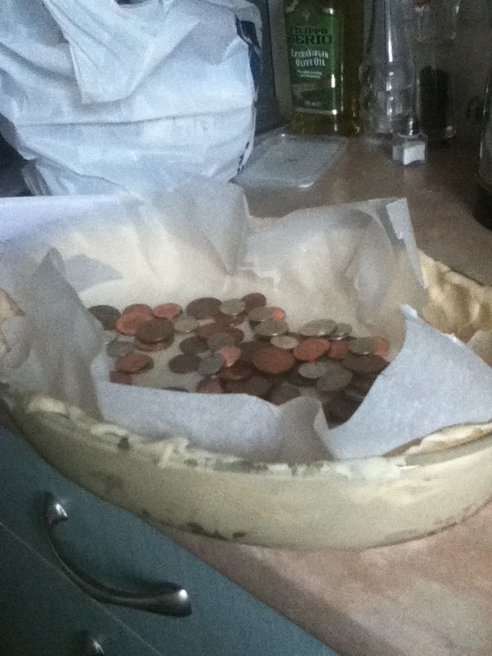 Put on grease proof paper and baking beans or coins! Put In preheated oven for 15 mins