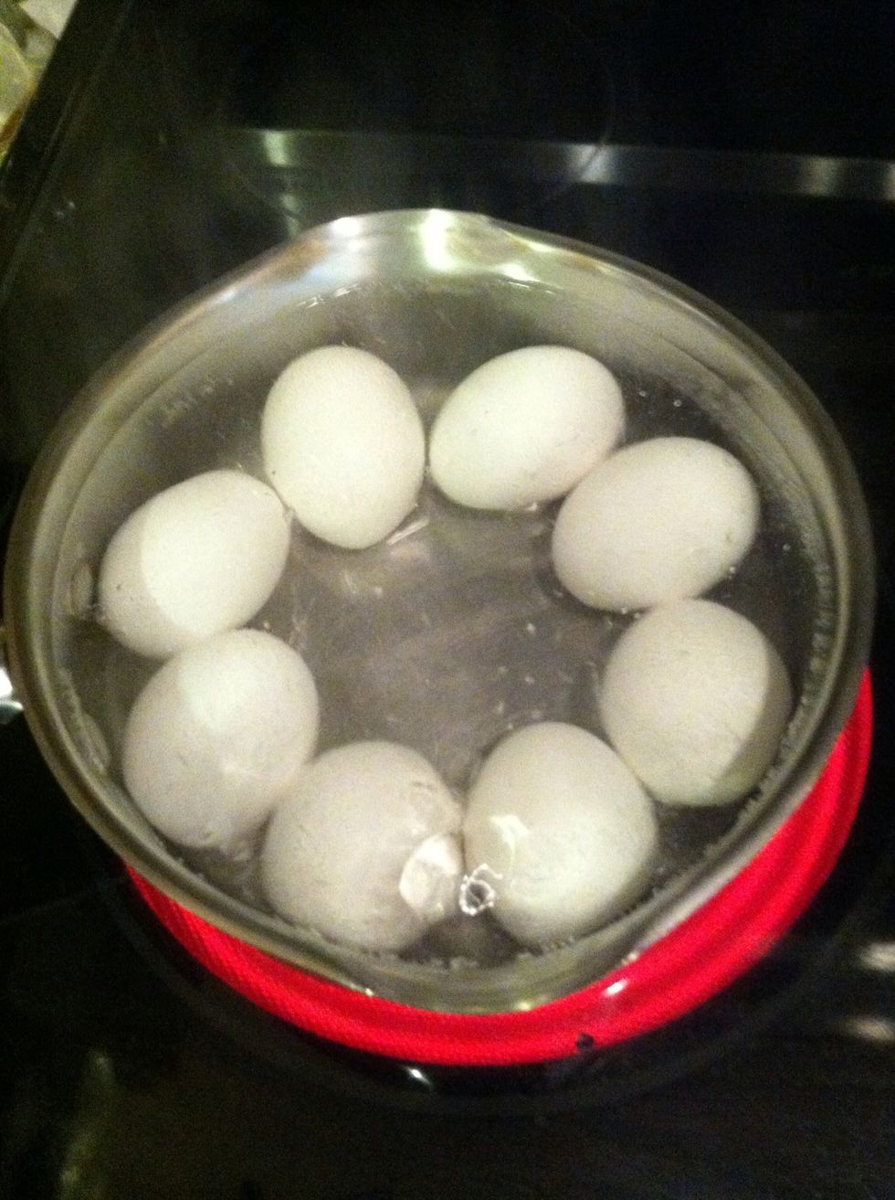 Put on med heat and bring water to a boil. When it boils, leave it boiling for 1-2 mins. And turn off heat. Leave your eggs in the water for 10 more mins. After 10 mins take out, let cool and peel.