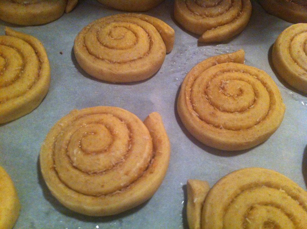 Put on parchment paper. Have space between they are going to get bigger! Put into preheated oven 200 degrees celsius (400 fareinheit) for about 10min