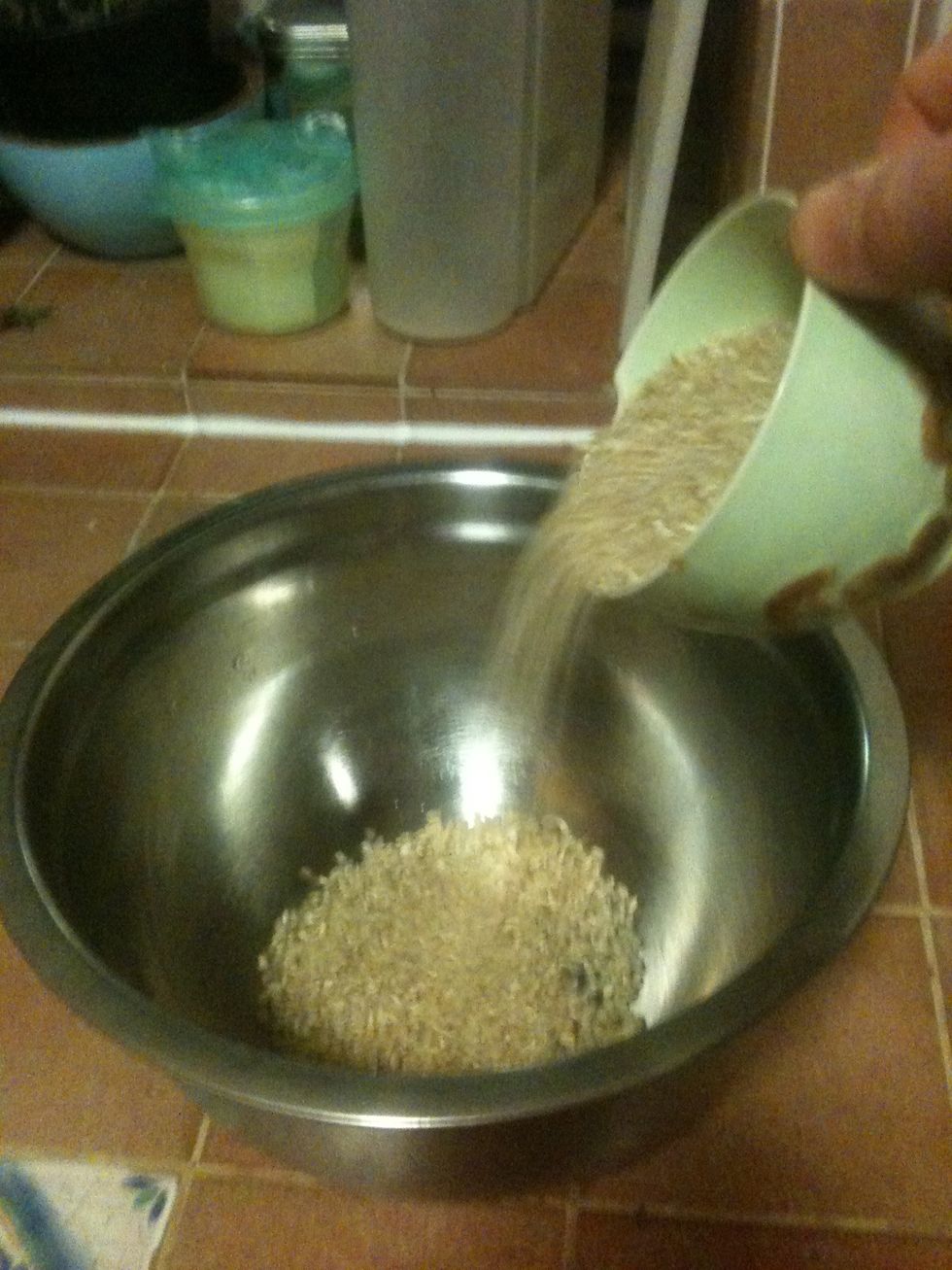 Put one cup of un-cooked rice in a bowl. I use organic brown rice for nutritional/ethical reasons, but any rice will do.