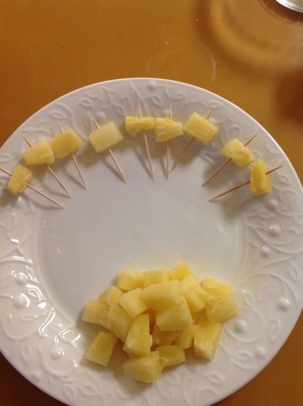 Put one piece of pineapple on a tootle pick, make as many toothpicks as you have meatballs.