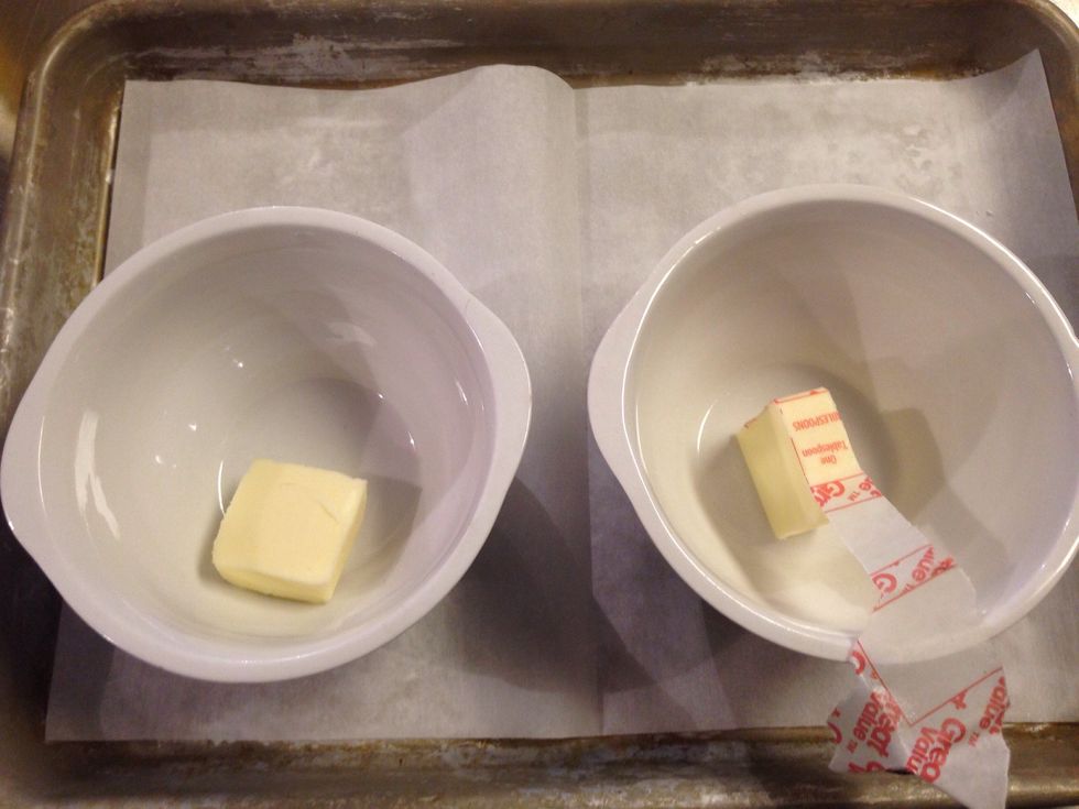 Put one tablespoon butter in each ramekin and microwave 10-20 seconds until melted.