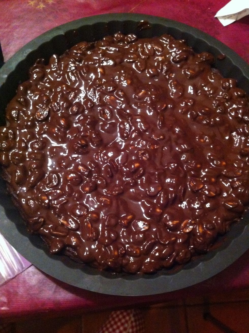 Put peanut mixture on your cake and put in your fridge ( it's best if you can let it sit in the fridge until next day )