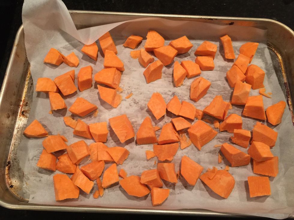 Put pieces on parchment paper on a pan. Then place in oven for 30 mins.