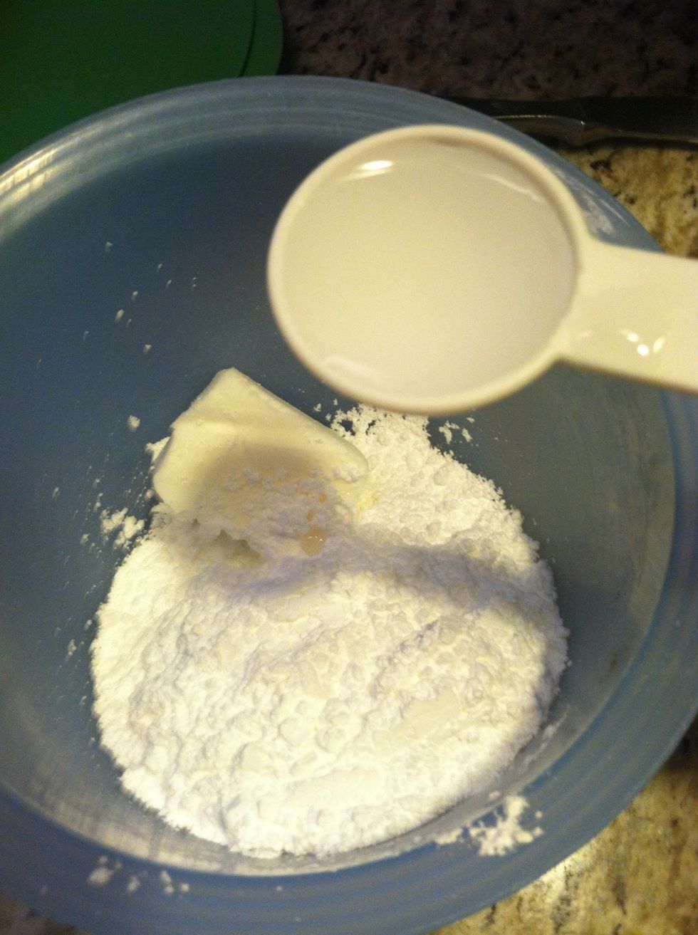Put powdered sugar & shortening in a bowl with 1 T of water. Mix by hand or with a whisk attachment on a mixer.