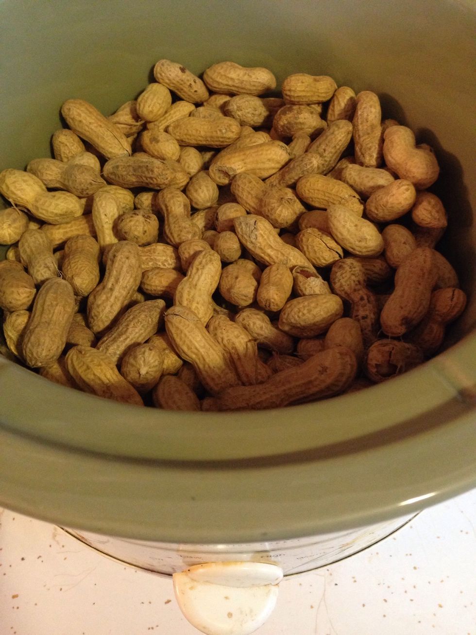 Put raw peanuts in crockpot...I did 8 cups here..