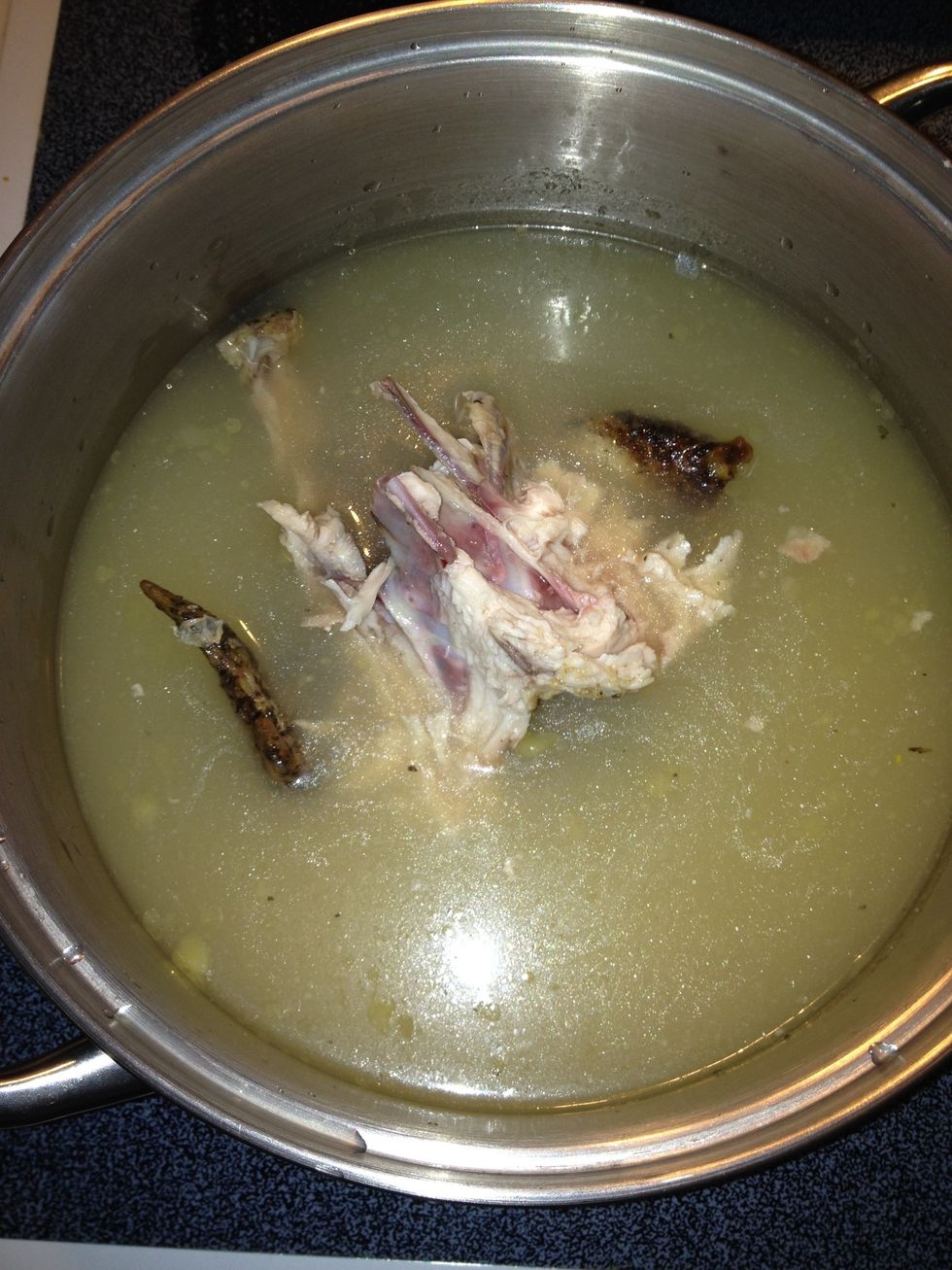 Put remaining carcass in a large pot and add enough chicken broth to cover (about 6 cups) or use water and the flavor packet from the ramen noodle package.