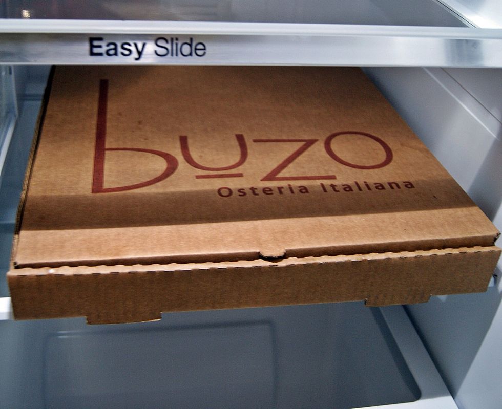 Put remaining slices in fridge until next morning. Leave in box to remind you to have pizza for breakfast.