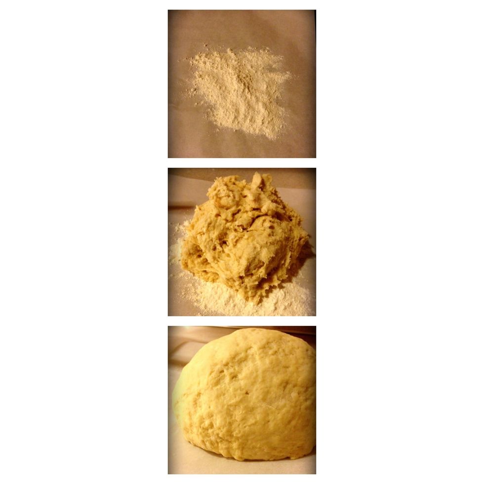 Put reserved flour on parchment paper, put dough on top. Knead in all the flour.