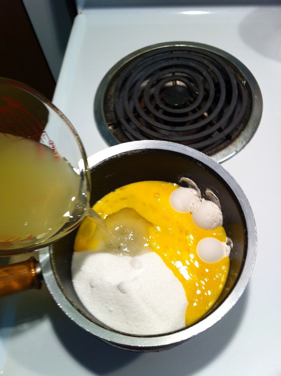 Put reserved liquids, sugar, eggs, salt & flour into a saucepan.