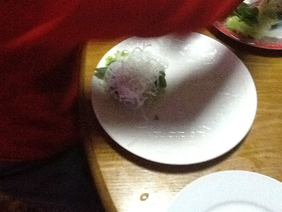 Put rice noodle on the the rice paper with the lettuce/basle/mint.