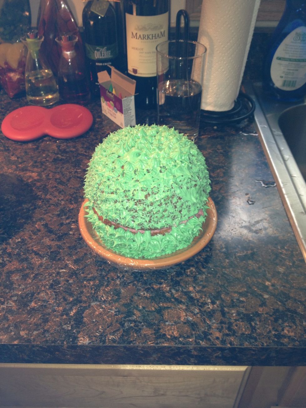 Put round cake onto planter bottom. Use a piping bag to make stems of cactus plant.