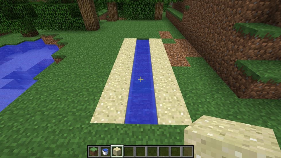 Put sand on each side of the water so that the Sugar Cane can grow there.