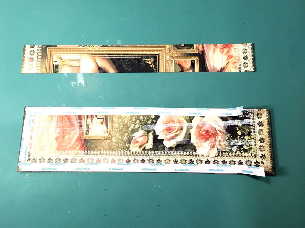 Put scortape on the backside of the two pieces of paper (I prefer to use scortape for this application, you may use whatever adhesive you prefer.)