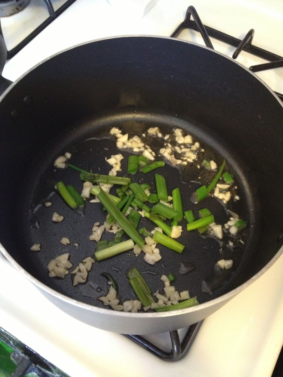 Put sesame oil in the wok, heat it up and start cooking garlic, green onion and meat.