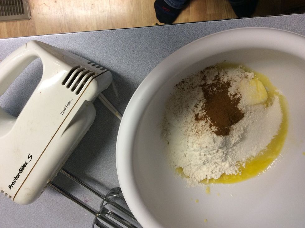 Put soft butter, 1/2 c. Sugar, 1/3 c. Flour, 1/2 tsp. Cinnamon into a large bowl combine into the crumble