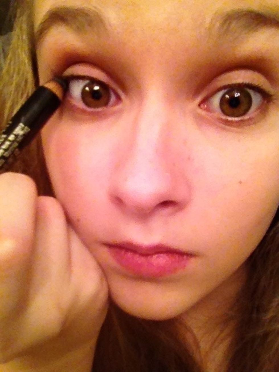 Put some eye liner right along this ledge of your eye lid. Be careful!!! This is to make your eyelash line look thicker. I use L'OR\u00c9AL'S Voluminous Smoldering eyeliner